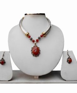 Semi Precious Red Stone Pendant Pipe Necklace Set with Earrings for Women-0