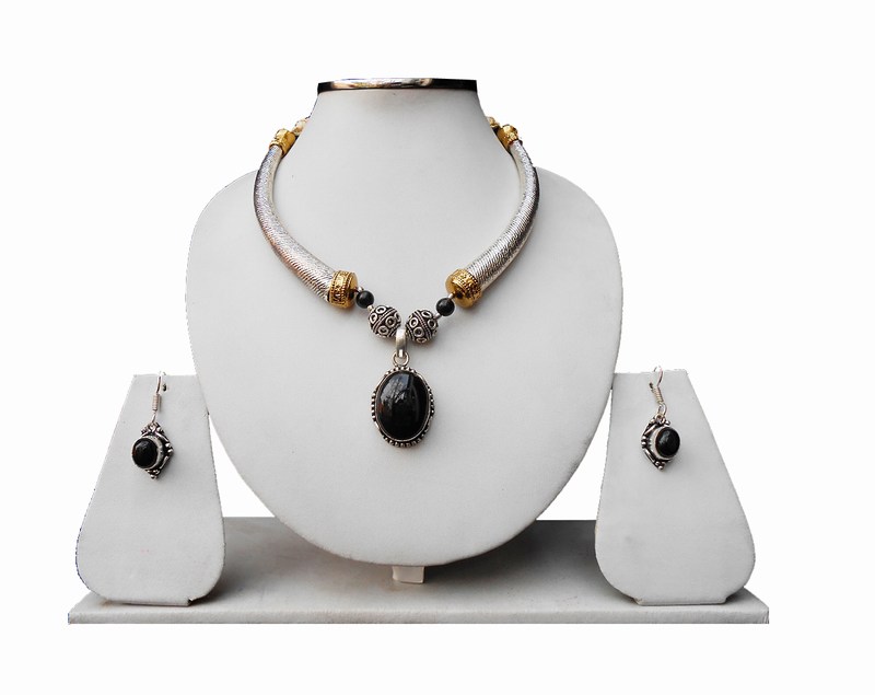 Classy Pipe Necklace with Semi Precious Black Stone Pendant Set with Earrings -0