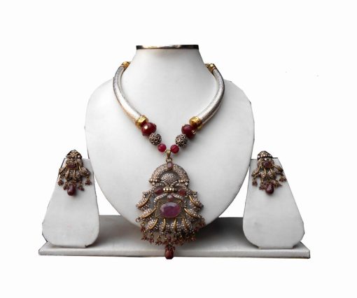 Gorgeous Party Wear Pipe Necklace Set with Maroon Victorian Work Pendant and Earrings-0