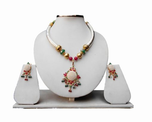 Pipe Necklace Set with Ruby, Emerald and Pearl Stones in Gold Plated Pendant and Earrings-0