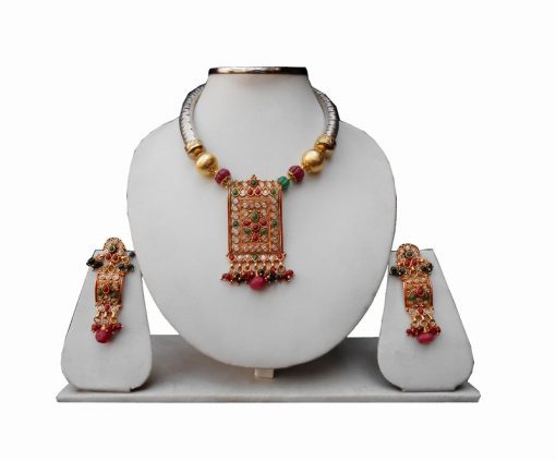Elegant Pipe Necklace Set With Polki Pendant and Earrings in Green and Red Stones-0
