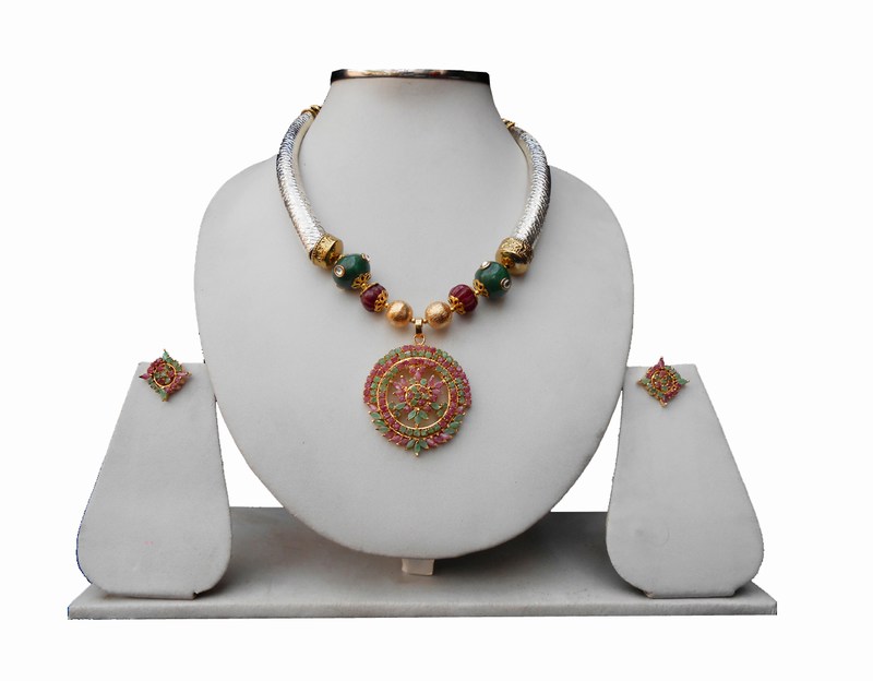 Gorgeous Gold Plated Pendant Pipe Necklace with Ruby and Emerald Stones with Earrings-0