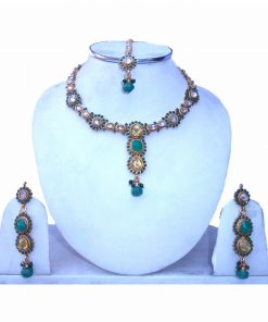 Fashionable Cute Polki Necklace Set in Stones with Earrings and Tika-0