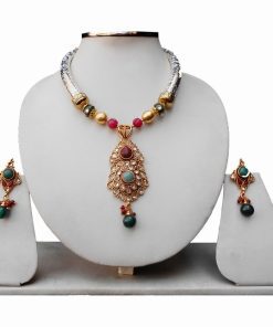 Multicolored Stone Polki Pendant Necklace Jewelry Set From India with Earrings-0