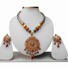 Designer Thewa Pendant Pipe Necklace with Jhumkas From India in Red and Green Stones-0
