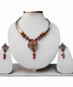 Elegant Pipe Necklace with Red and White Stone Victorian Pendant and Earrings-0