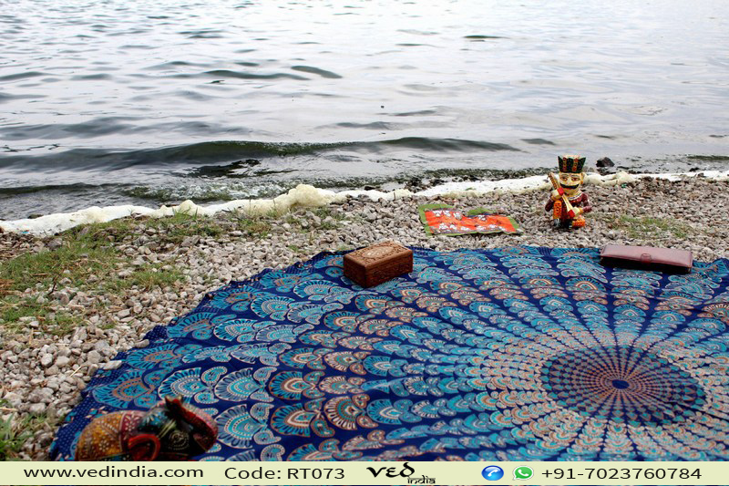 thumbnail image 2 of Handmade Indian Round Mandala Tapestry - 72 Inch, Blue Peacock Design, 100% Cotton - Multi-Purpose 2 of 4