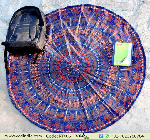 Blue and Red Elephant Round Tapestry