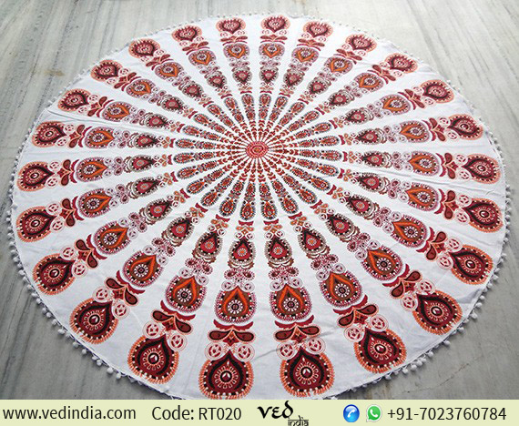 White Round Peacock Bohemian Tapestry