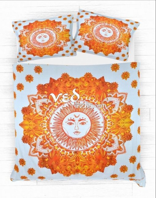 Indian Print Cotton Bed Sheets and Duvet Set With Sun Design-3767