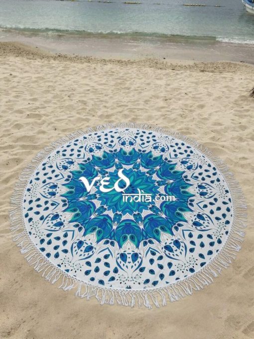 Blue Ombre Beach Mandala Throw with Tassel Fringe-3525