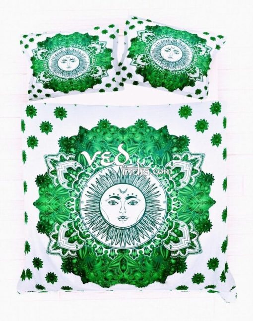 Mandala Double Duvet Doona Cover Blanket In Green Sun Print-3769