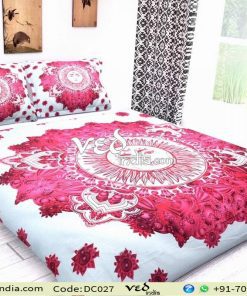 Indian Mandala Quilt Duvet Cover Set Sun Pattern in Hot Pink-0