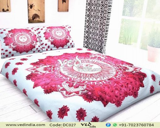 Indian Mandala Quilt Duvet Cover Set Sun Pattern in Hot Pink-0