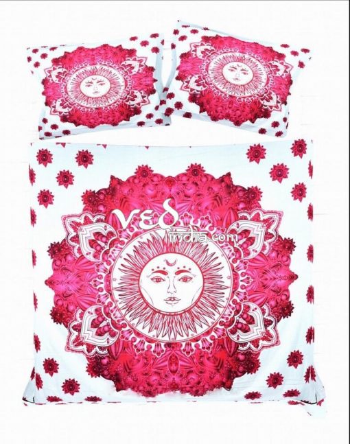 Indian Mandala Quilt Duvet Cover Set Sun Pattern in Hot Pink-3763