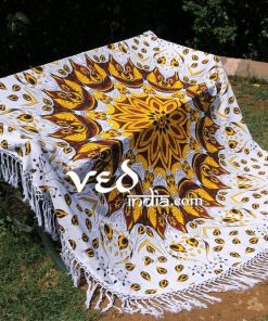 Mandala Round Beach Throw Tapestry with White Tassel-3607