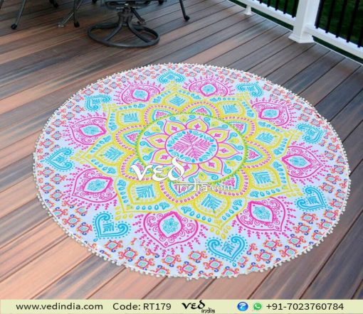 Ombre Round Pom Pom Mandala Beach Towel Boho Tapestry-0