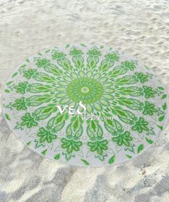 Mandala Beach Round Rugs with Pom Pom Green Floral-3495
