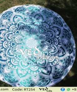 Round Tapestry Aqua Blue Ombre Mandala Beach Throw-0