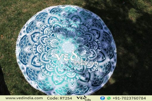 Round Tapestry Aqua Blue Ombre Mandala Beach Throw-0