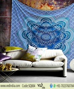 Indian Lotus Flower Tapestry Wall Hanging Blue Color-0