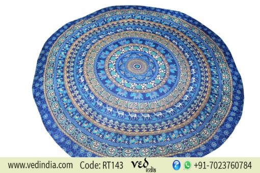 Bohemian Mandala Round Beach Tapestry in Blue Animal Birds-0