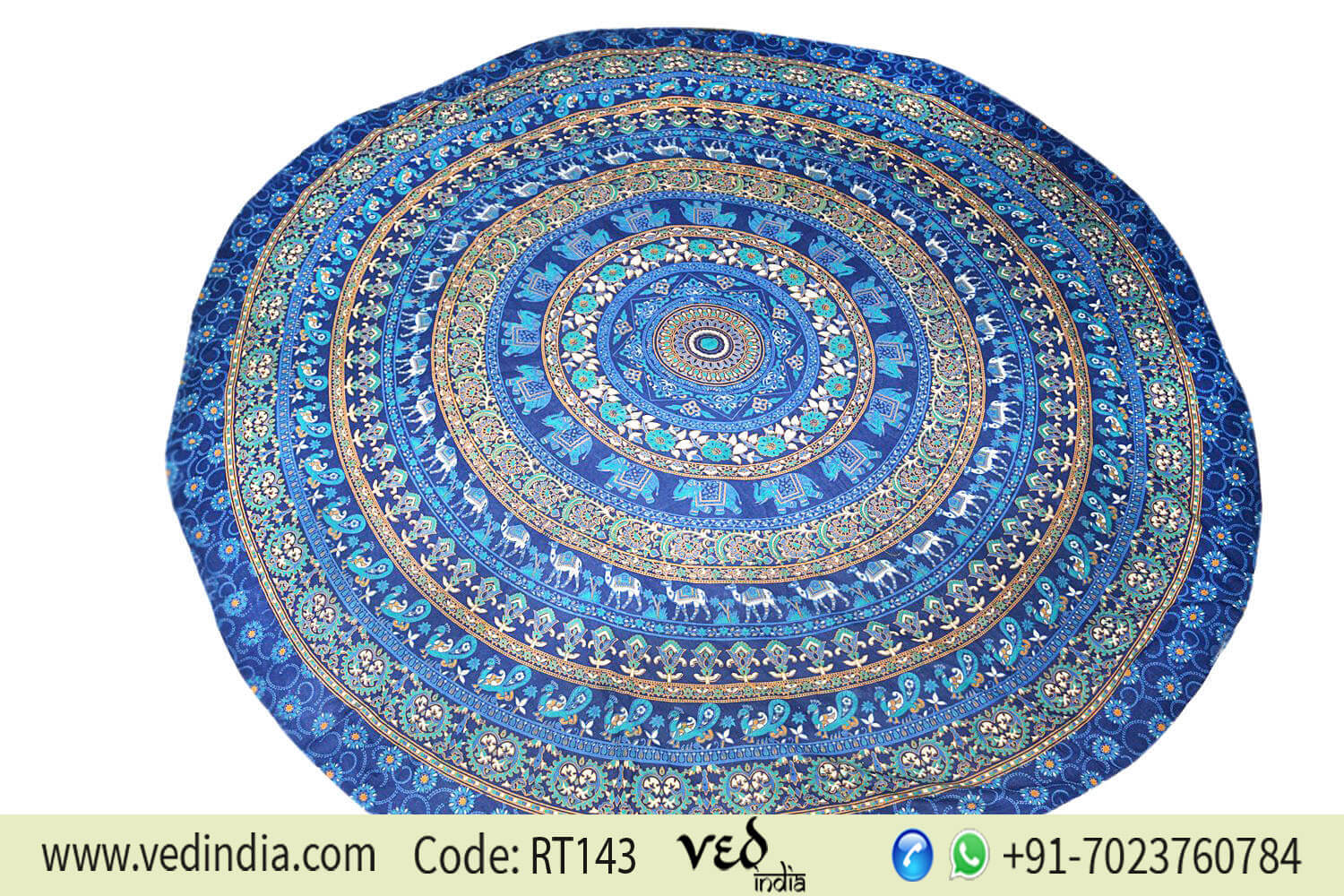 Handmade Indian Round Mandala Tapestry - 72 Inch, Blue Peacock Design, 100% Cotton - Multi-Purpose